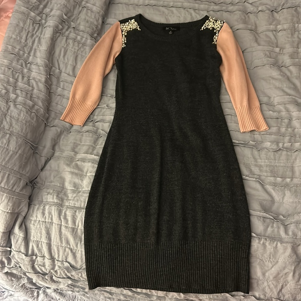 BCX Dress size XS pink and dark grey with pearl detail on shoulders